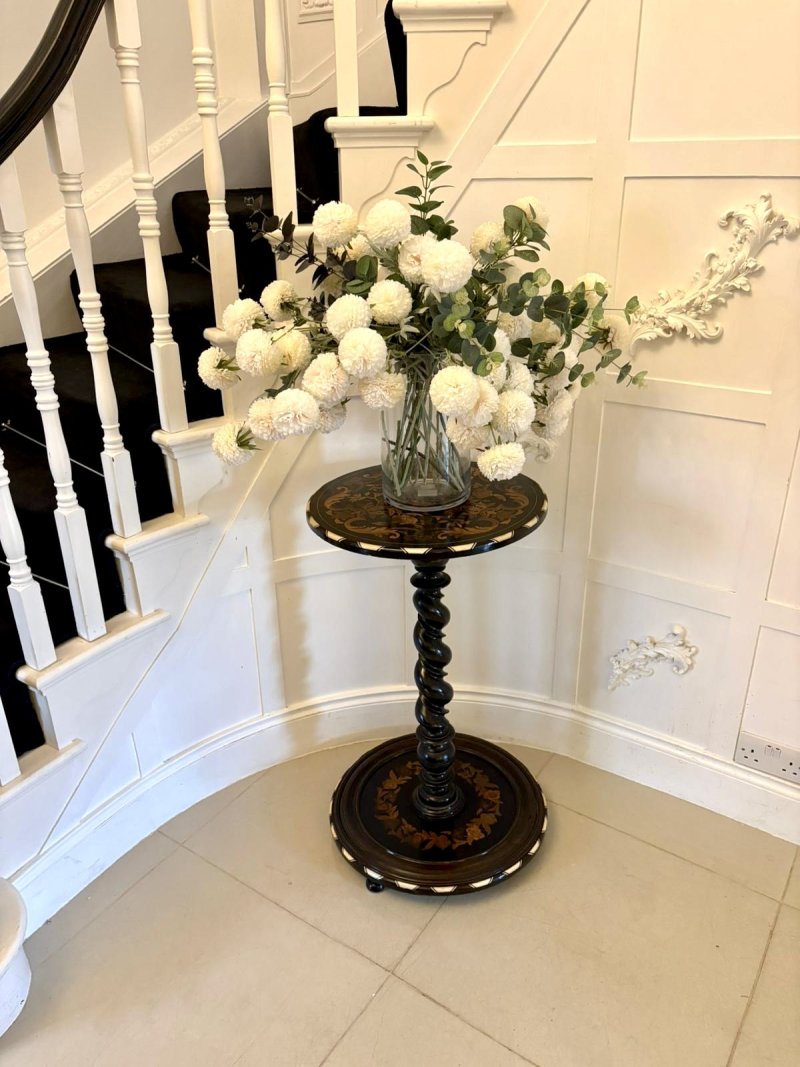 Quality Antique Italian Ebonised and Marquetry Inlaid Pedestal Occasional Centre Table/Plant Stand - Image 2